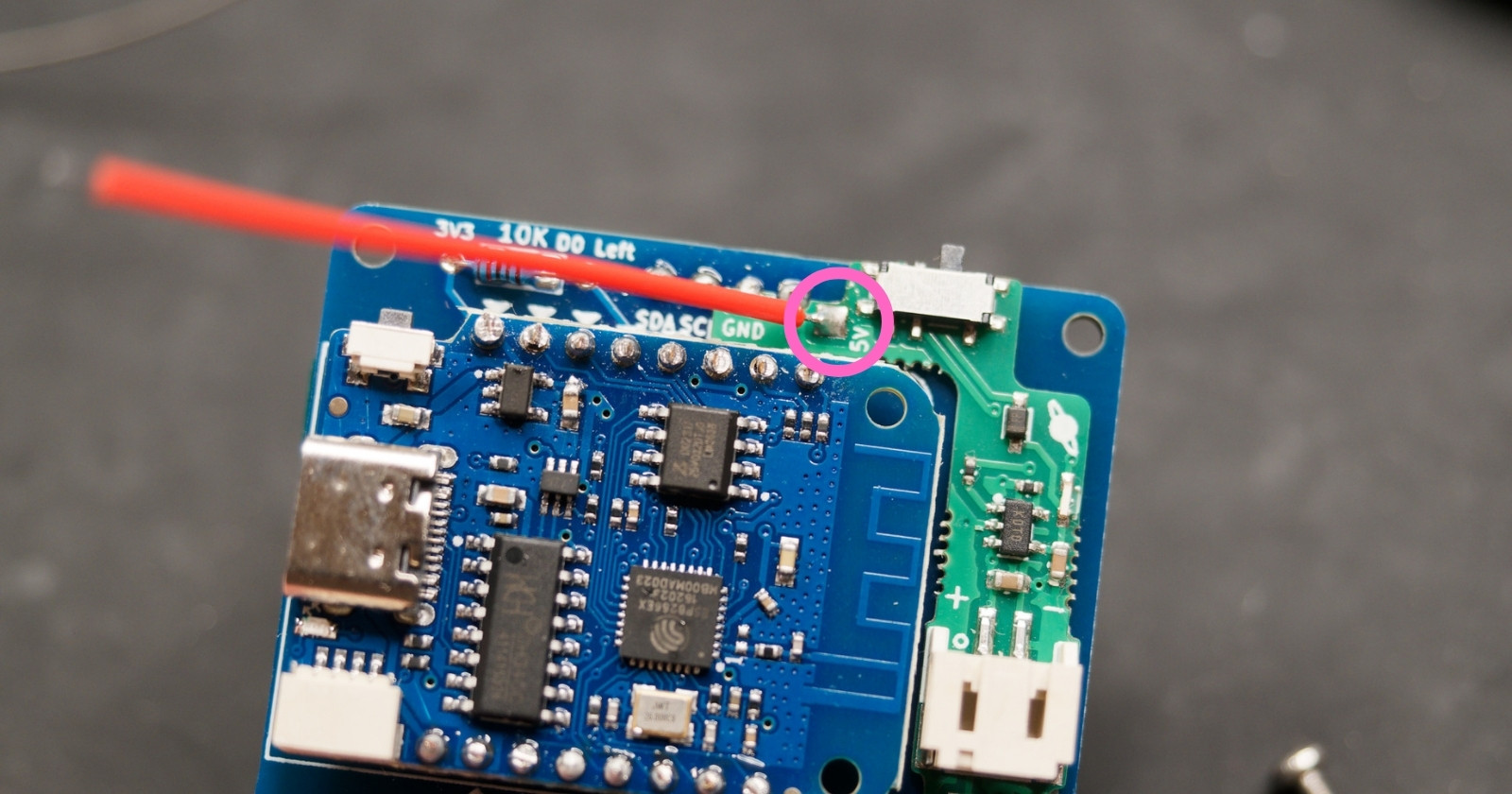 5V solder point of hackheld battery mod