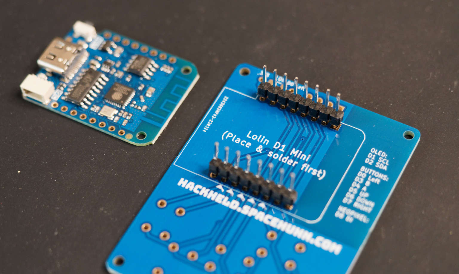 HackHeld Vega PCB with inserted header pins