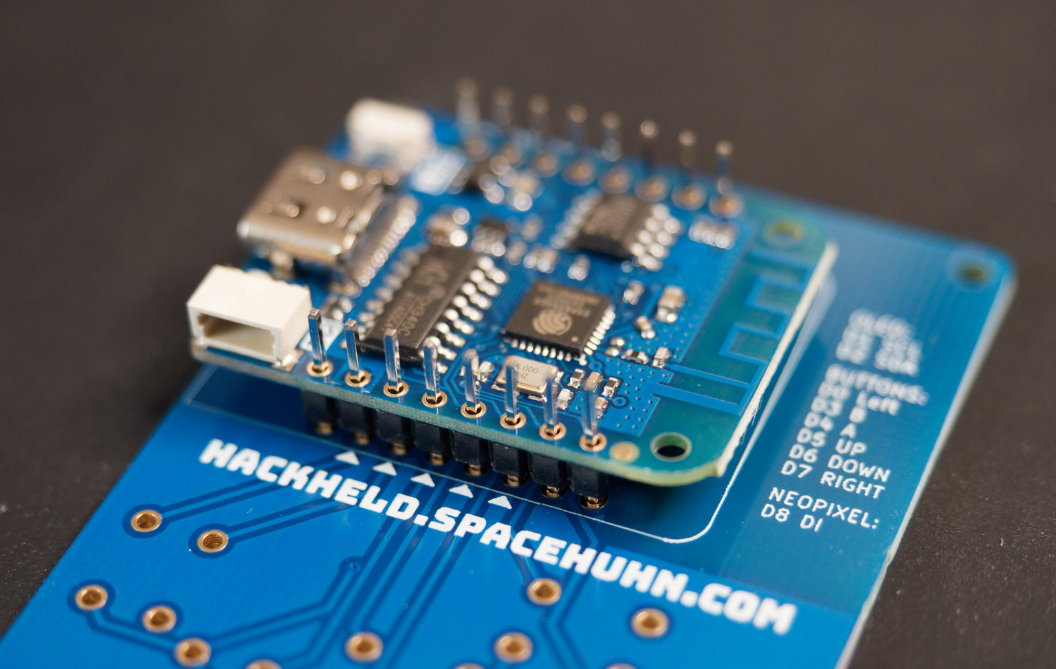 HackHeld Vega PCB with inserted header pins and D1 Mini